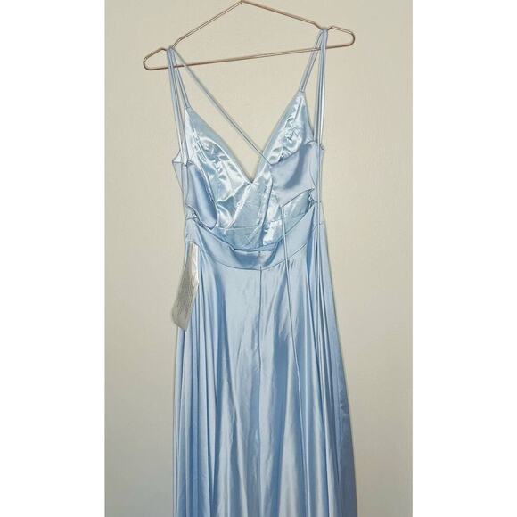 Ieena Mac Duggal Satin Strappy- Back High Slit Powder Blue Lace Up Back Gown 8 - Picture 4 of 14